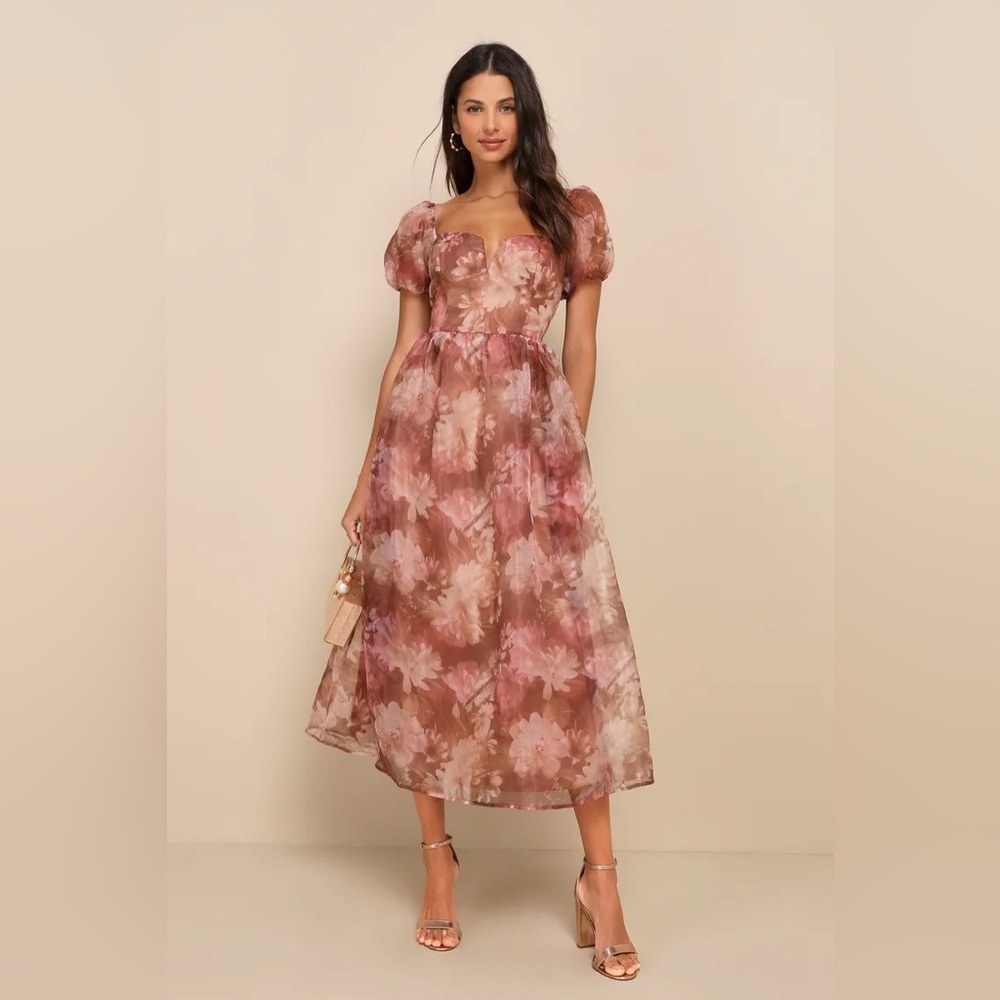Lulus Lovely Statement Light Brown Floral Organza Tie-Back Midi Dress. Nwt